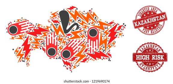 Disaster composition of mosaic map of Kazakhstan and textured seals. Vector red seals with distress rubber texture for high risk regions. Flat design for disaster posters.