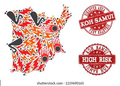 Disaster composition of mosaic map of Koh Samui and rubber seal stamps. Vector red imprints with unclean rubber texture for high risk regions. Flat design for black swan purposes.