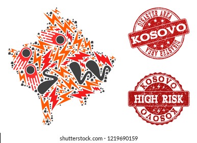 Disaster composition of mosaic map of Kosovo and corroded seals. Vector red seals with corroded rubber texture for high risk regions. Flat design for apocalypse purposes.