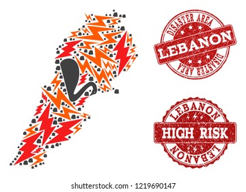 Disaster composition of mosaic map of Lebanon and rubber seals. Vector red imprints with scratched rubber texture for high risk regions. Flat design for black swan posters.