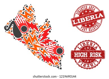 Disaster composition of mosaic map of Liberia and grunge seals. Vector red seals with grunge rubber texture for high risk regions. Flat design for problem templates.