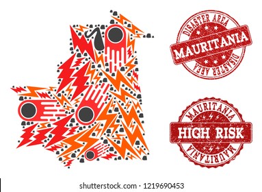 Disaster composition of mosaic map of Mauritania and corroded seal stamps. Vector red watermarks with distress rubber texture for high risk regions. Flat design for disaster posters.