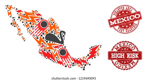 Disaster composition of mosaic map of Mexico and unclean stamps. Vector red imprints with distress rubber texture for high risk regions. Flat design for disaster purposes.