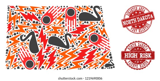 Disaster composition of mosaic map of North Dakota State and corroded seal stamps. Vector red imprints with corroded rubber texture for high risk regions. Flat design for black swan illustrations.