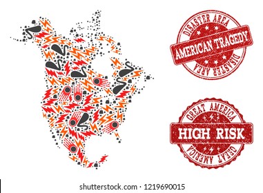 Disaster composition of mosaic map of North America and textured seals. Vector red seals with unclean rubber texture for high risk regions. Flat design for black swan purposes.