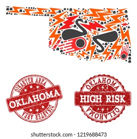 Disaster composition of mosaic map of Oklahoma State and corroded seals. Vector red seals with corroded rubber texture for high risk regions. Flat design for black swan illustrations.