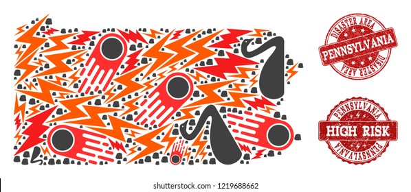 Disaster composition of mosaic map of Pennsylvania State and rubber stamps. Vector red imprints with corroded rubber texture for high risk regions. Flat design for black swan illustrations.