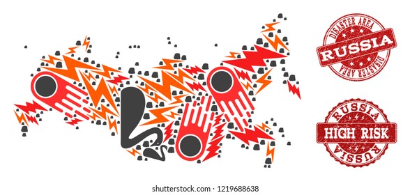 Disaster composition of mosaic map of Russia and corroded seal stamps. Vector red seals with corroded rubber texture for high risk regions. Flat design for disaster posters.