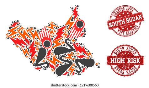 Disaster composition of mosaic map of South Sudan and rubber seal stamps. Vector red watermarks with corroded rubber texture for high risk regions. Flat design for disaster posters.