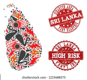 Disaster composition of mosaic map of Sri Lanka and unclean seals. Vector red imprints with unclean rubber texture for high risk regions. Flat design for black swan templates.