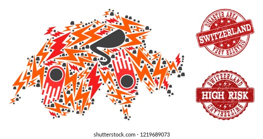 Disaster composition of mosaic map of Switzerland and scratched stamps. Vector red watermarks with scratched rubber texture for high risk regions. Flat design for disaster illustrations.