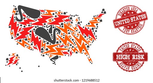 Disaster composition of mosaic map of USA territories and rubber seal stamps. Vector red watermarks with corroded rubber texture for high risk regions. Flat design for disaster illustrations.