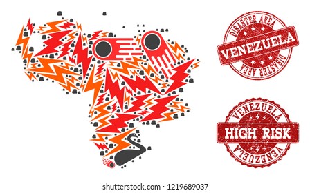Disaster composition of mosaic map of Venezuela and corroded seals. Vector red imprints with corroded rubber texture for high risk regions. Flat design for black swan templates.