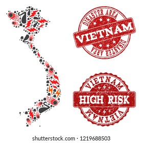 Disaster composition of mosaic map of Vietnam and grunge stamps. Vector red imprints with scratched rubber texture for high risk regions. Flat design for black swan illustrations.