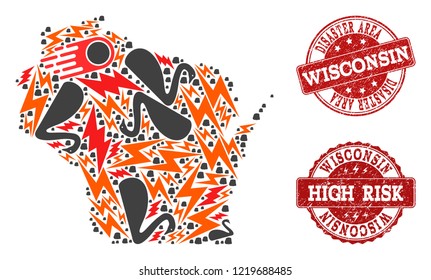 Disaster composition of mosaic map of Wisconsin State and rubber seal stamps. Vector red watermarks with corroded rubber texture for high risk regions. Flat design for black swan illustrations.