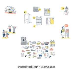 Disaster countermeasures and disaster prevention supplies illustration set