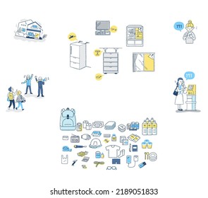 Disaster countermeasures and disaster prevention supplies illustration set