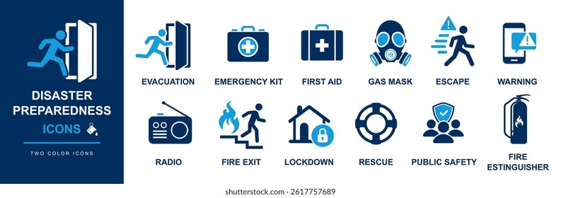 disaster and crisis preparation and management icon set including evacuation, emergency kit, rescue, public safety, fire exit, lock down etc.