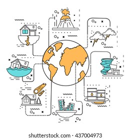 Disaster damage line concept taking place on the planet catastrophe man-made and natural vector illustration