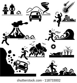 Desastre Doomsday Catastrophe Inundação Tornado Meteor Volcano Tsunami Fogo Florestal Secas Erosão Solo Deslizamento Terremoto Stick Figura Pictograma Ícone