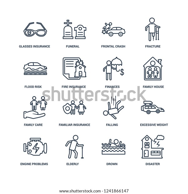 Disaster, Drown, Elderly, Engine\
problems, Excessive weight for the vehicle, Glasses insurance,\
Flood risk, Family Care, Finances outline vector icons from 16\
set