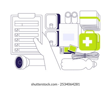 Disaster emergency kit abstract concept vector illustration. Person with checklist for rescuing from disaster, floods catastrophe prevention, ecology industry, survival plan abstract metaphor.