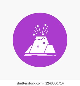 disaster, eruption, volcano, alert, safety White Glyph Icon in Circle. Vector Button illustration