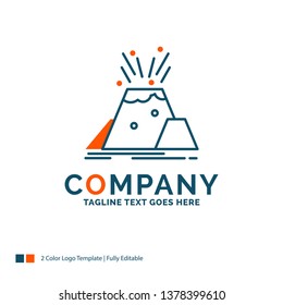 disaster, eruption, volcano, alert, safety Logo Design. Blue and Orange Brand Name Design. Place for Tagline. Business Logo template.