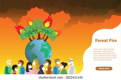 Disaster from forest fire, wildfire making air pollution and destroy forest. Flame and carbon dioxine effected to people health. Global warming, climate change, save the forest and earthday concept.