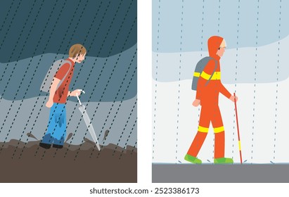 Disaster, heavy rain. A person wearing rain boots and everyday clothes when evacuating. A person wearing rain and disaster prevention clothes. Image illustration