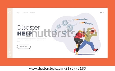 Disaster Help Landing Page Template. Refugee Characters Running Away From Military Rockets or Bomb Flying in Sky. Couple Man and Woman Escaping From War Zone. Cartoon People Vector Illustration