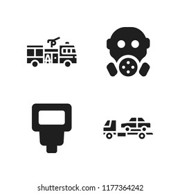 disaster icon. 4 disaster vector icons set. tow truck, blitz flash and gas mask icons for web and design about disaster theme