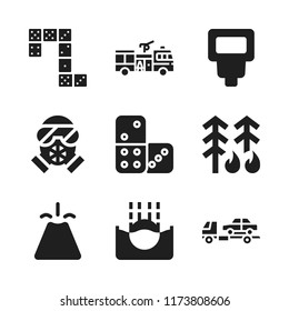 disaster icon. 9 disaster vector icons set. fire truck, tow truck and gas mask icons for web and design about disaster theme