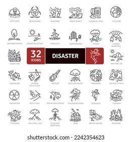 Disaster Icon Pack. Collection of thin line icons related to different disasters