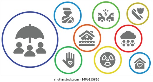 disaster icon set. 9 filled disaster icons.  Collection Of - Insurance, Accident, Radiation, Disaster, Hail