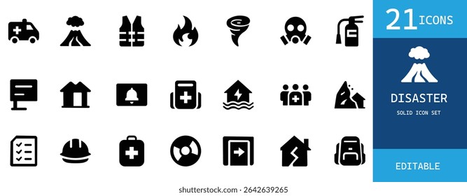Disaster icon set featuring emergency, storm, flood, earthquake, fire, rescue, safety, shelter, ambulance, survival tools, and hazard symbols. Vector illustration.
