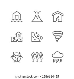 Disaster icon set including flood, volcano, eruption, earthquake, landslide, tornado, biohazard, fire, storm