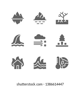 Disaster icon set including glacier, iceberg, drought, tsunami, blizzard, storm, deforestation, fire, global warming