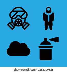 disaster icons set with cloud storm weather symbol, fire extinguisher filled tool and protective suit vector set