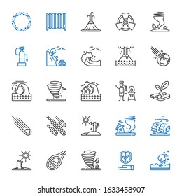 disaster icons set. Collection of disaster with hurricane, insurance, tornado, meteorite, drought, meteorites, asteroid, fire extinguisher. Editable and scalable disaster icons.