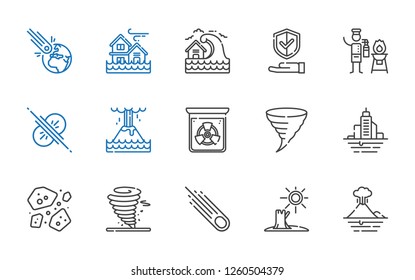disaster icons set. Collection of disaster with volcano, drought, asteroid, tornado, asteroids, flood, radiation, eruption, collision, fire extinguisher. Editable and scalable disaster icons.