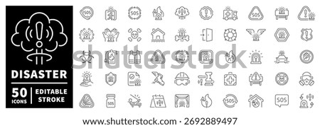 Disaster icons set. editable line icons, outline safety and emergency symbols