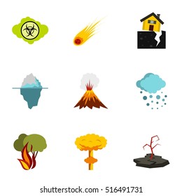 Disaster icons set. Flat illustration of 9 disaster vector icons for web