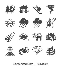 Disaster icons set. Included the icons as flood, storm, earthquake, snow storm, tornado, fire and more.