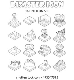 Disaster icons set in outline style. Catastrophe and crisis set collection vector illustration