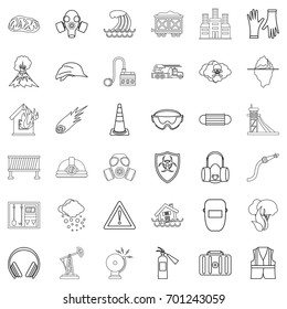 Disaster icons set. Outline style of 36 disaster vector icons for web isolated on white background
