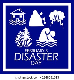 Disaster icons such as flood, landslide, bad weather, forest fire and tsunami with bold text on dark blue background to commemorate Disaster Day on February 5