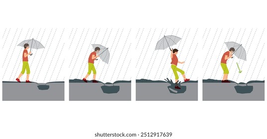 Ilustração de desastre de uma chuva pesada, uma pessoa com um guarda-chuva, e o perigo de cair em uma cavidade na calçada
