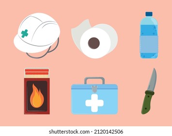 disaster kit, emergency icons set
