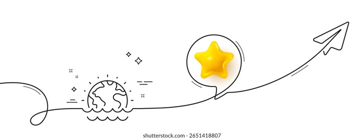 Disaster line icon. Continuous line with share plane. Climate warming sign. World flood symbol. 3d star in speech bubble. Disaster single line ribbon. Loop curve pattern. Vector